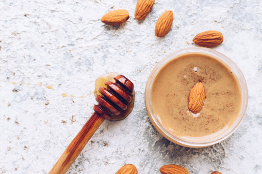 Almond nut butter in glass jar