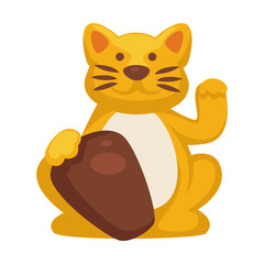 Chinese maneki neko cat isolated icon, Japanese gold kitten