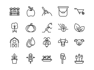 rural agriculture thick line icons set