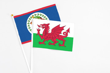 Wales and Belize stick flags on white background. High quality fabric, miniature national flag. Peaceful global concept.White floor for copy space.
