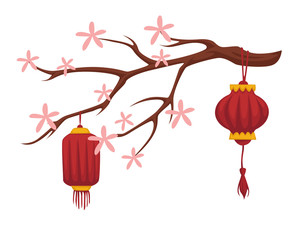 Blooming sakura and Chinese paper lanterns isolated icon