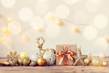 Christmas Composition with Gift box and holiday decorations on neutral background. Christmas or New...