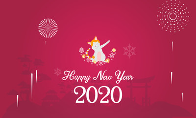 happy cat new year 2020 vector illustration pink background