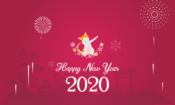 Happy Cat New Year 2020 Vector Illustration Pink Background