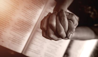 Close up prayer's hand pray in church, Pastor pray to God with BIBLE, top view with blank copy space