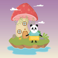 Obraz na płótnie Canvas cute panda with skirt lamp and mushroom house fantasy fairy tale