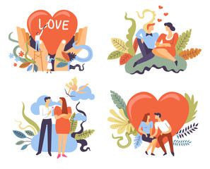 Couples on romantic dates, love and relationships, isolated icons