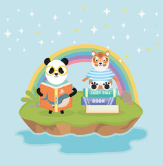 panda and tiger with books rainbow fantasy fairy tale