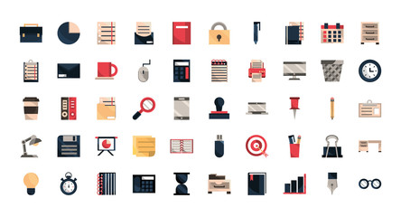 office work business equipment icons set