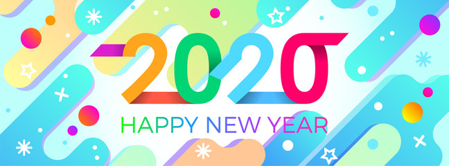 2020 Happy New Year. Paper Memphis geometric bright style for holidays flyers, greetings, invitations, Happy New Year or Merry Christmas cards. Holiday background, poster, banner. Vector Illustration.