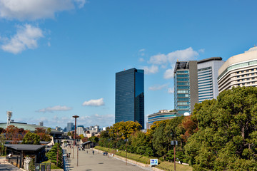 Fototapeta na wymiar View of office area of Osaka city from Osaka castle park