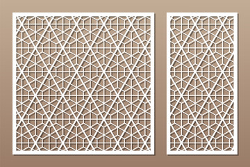 Set decorative card for cutting. Linear geometric mosaic pattern. Laser cut. Ratio 1:1, 1:2. Vector illustration.