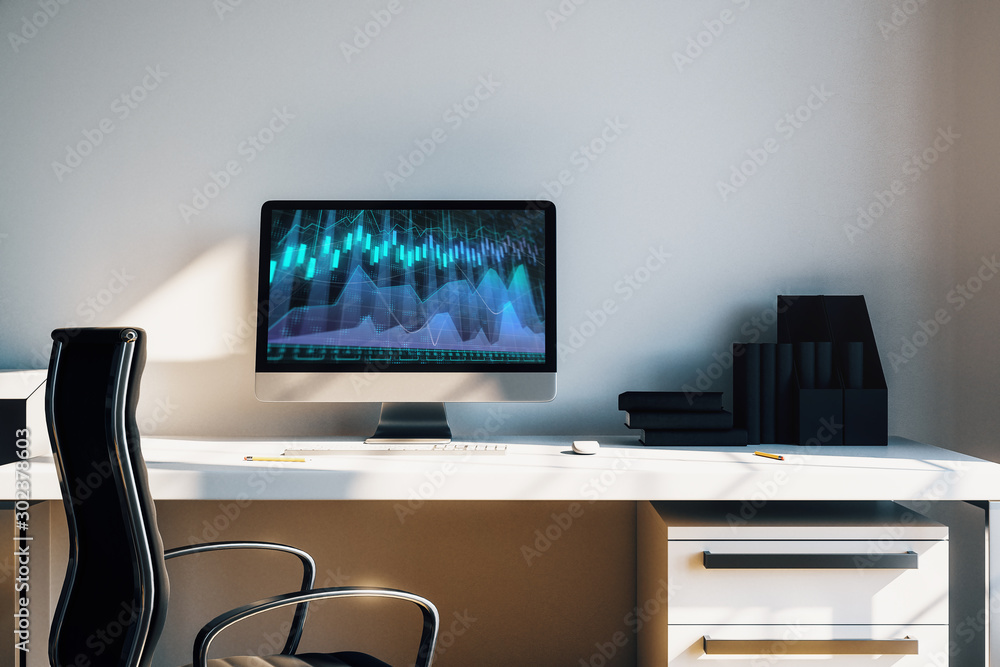 Aufkleber cabinet desktop interior with financial charts and graphs on computer screen. concept of stock marke