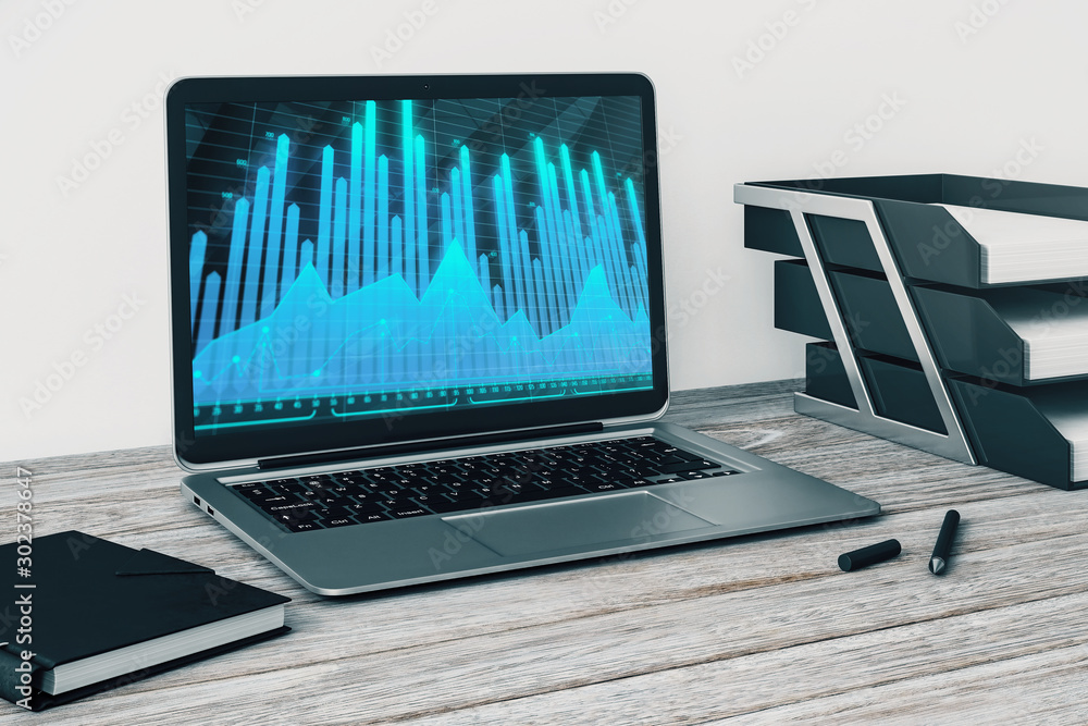 Aufkleber laptop closeup with forex graph on computer screen. financial trading and education concept. 3d rend