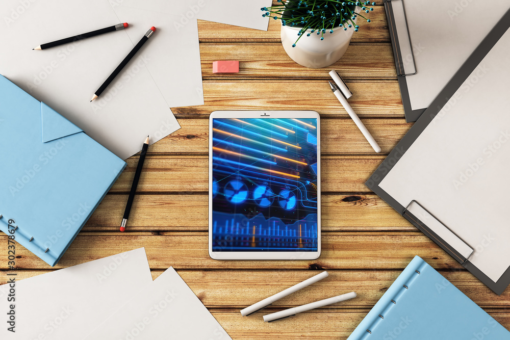 Poster digital tablet closeup with business theme picture on screen. technology innovation concept. 3d rend