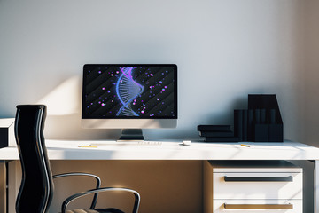 Desktop interior with DNA drawing on computer screen, table and chair. Concept of education. 3d rendering.