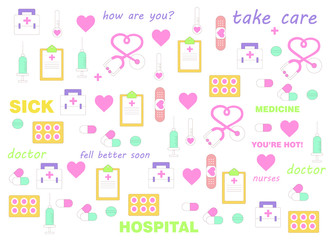 Health care and medicine elements set in cartoon style on a white background.
