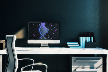 Desktop interior with DNA drawing on computer screen, table and chair. Concept of education. 3d...