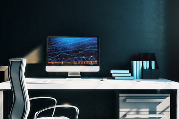 Cabinet desktop interior with financial charts and graphs on computer screen. Concept of stock market analysis and trading. 3d rendering.