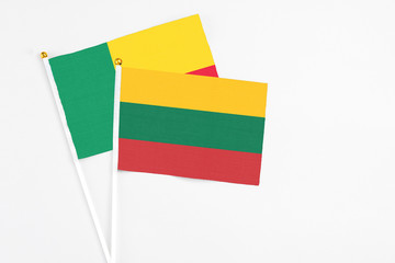 Lithuania and Benin stick flags on white background. High quality fabric, miniature national flag. Peaceful global concept.White floor for copy space.