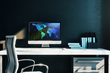 Cabinet desktop interior with world map on computer screen. Concept of international market and trading. 3d rendering.