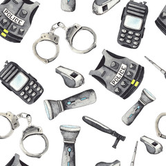 Watercolor cartoon cute seamless pattern Police illustration. Police car, helicopter, motorcycle, handcuffs, gun, holster, body armor, glasses, cap, stun gun, Baby shower clip art