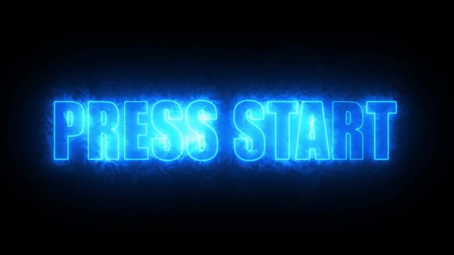 Press start sign. Sign in neon style. Abstract animation glowing neon blue light. 4K