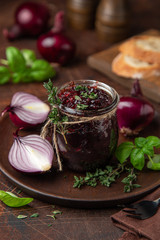 homemade red onion jam ( confiture) in a jar