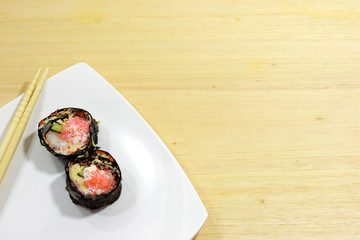Mixed Sushi on wood table, Top view.