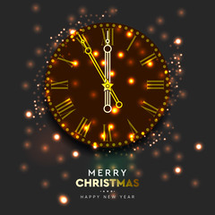Obraz na płótnie Canvas 2020 New Year shiny gold clock, five minutes to midnight. Merry Christmas. Vector illustration.