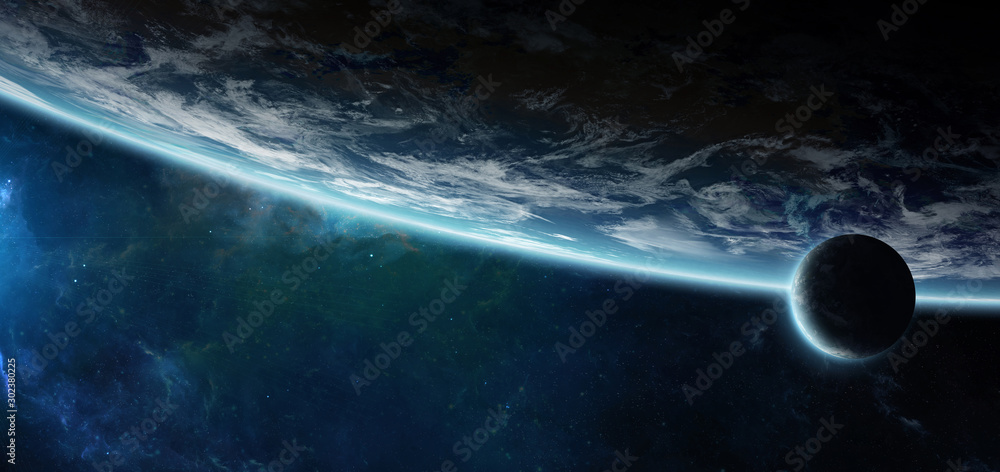Poster Distant planet system in space with exoplanets 3D rendering elements of this image furnished by NASA