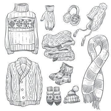Knitwear or knitted winter clothes isolated sketch icons