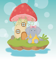 Obraz na płótnie Canvas cute elephant with dress and mushroom house fantasy fairy tale