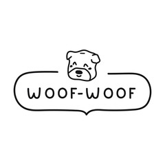 Funny badge with dog and words - woof-woof. Hand drawn vector illustration for greeting card, t shirt, sticker, poster design on white background.