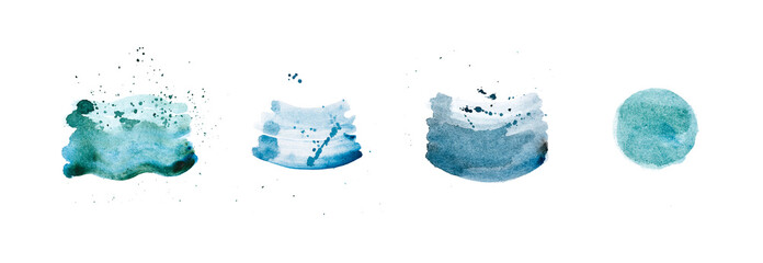 Watercolor blue splashes set isolated on white background.