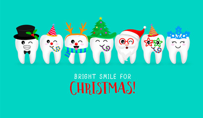 Set of Christmas tooth characters. Emoticons facial expressions. Funny dental care concept. Vector illustration isolated on green background.