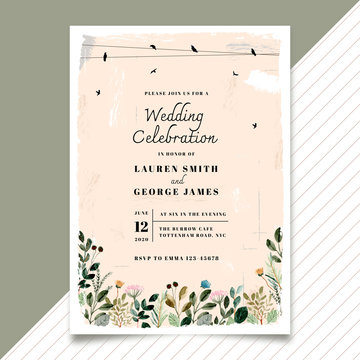 vintage wedding invitation with bird and floral watercolor background