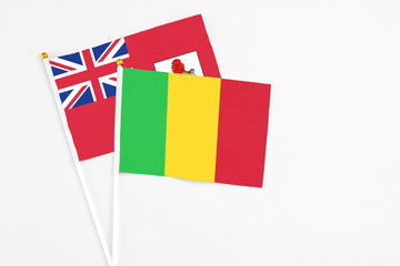 Mali and Bermuda stick flags on white background. High quality fabric, miniature national flag. Peaceful global concept.White floor for copy space.