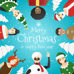 Fototapeta premium Merry Christmas and Happy New Year, group of teens in Christmas costume concept , vector, illustration
