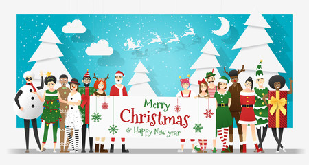 Obraz na płótnie Canvas Group of teens in Christmas costume concept holding board with text Merry Christmas and Happy New Year , vector, illustration