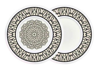 Matching decorative plates for interior designwith floral art deco pattern. Empty dish, porcelain plate mock up design. Vector illustration. White, grey color