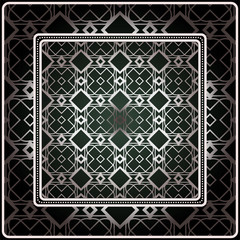 Background, Geometric Pattern With Ornate Lace Frame. Illustration. For Scarf Print, Fabric, Covers, Scrapbooking, Bandana, Pareo, Shawl. Silver. dark grey, green color color