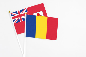 Romania and Bermuda stick flags on white background. High quality fabric, miniature national flag. Peaceful global concept.White floor for copy space.