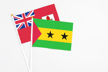 Sao Tome And Principe and Bermuda stick flags on white background. High quality fabric, miniature...