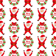 Christmas wreath and Santa Claus seamless background.