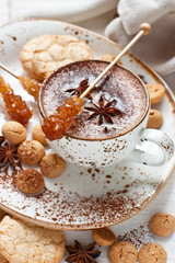 Hot cocoa drink with cookies, sugar and cinnamon