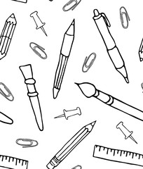 Hand drawn seamless vector pattern with school supplies. Black and white background with pen, pencil, ruler, brush and pin. Vector illustration