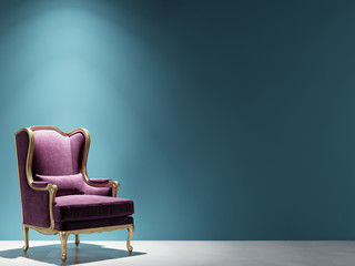 Classic burgundy red velvet armchair with carved gilded details standing in front of blue wall with copy space