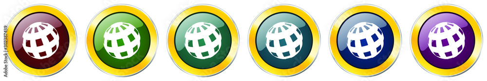 Aufkleber earth glossy icon set, silver metallic golden vector illustrations in 6 options for web design and m