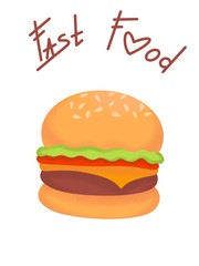 White bread Burger with meat Patty, cheese, tomato and lettuce. Fast food